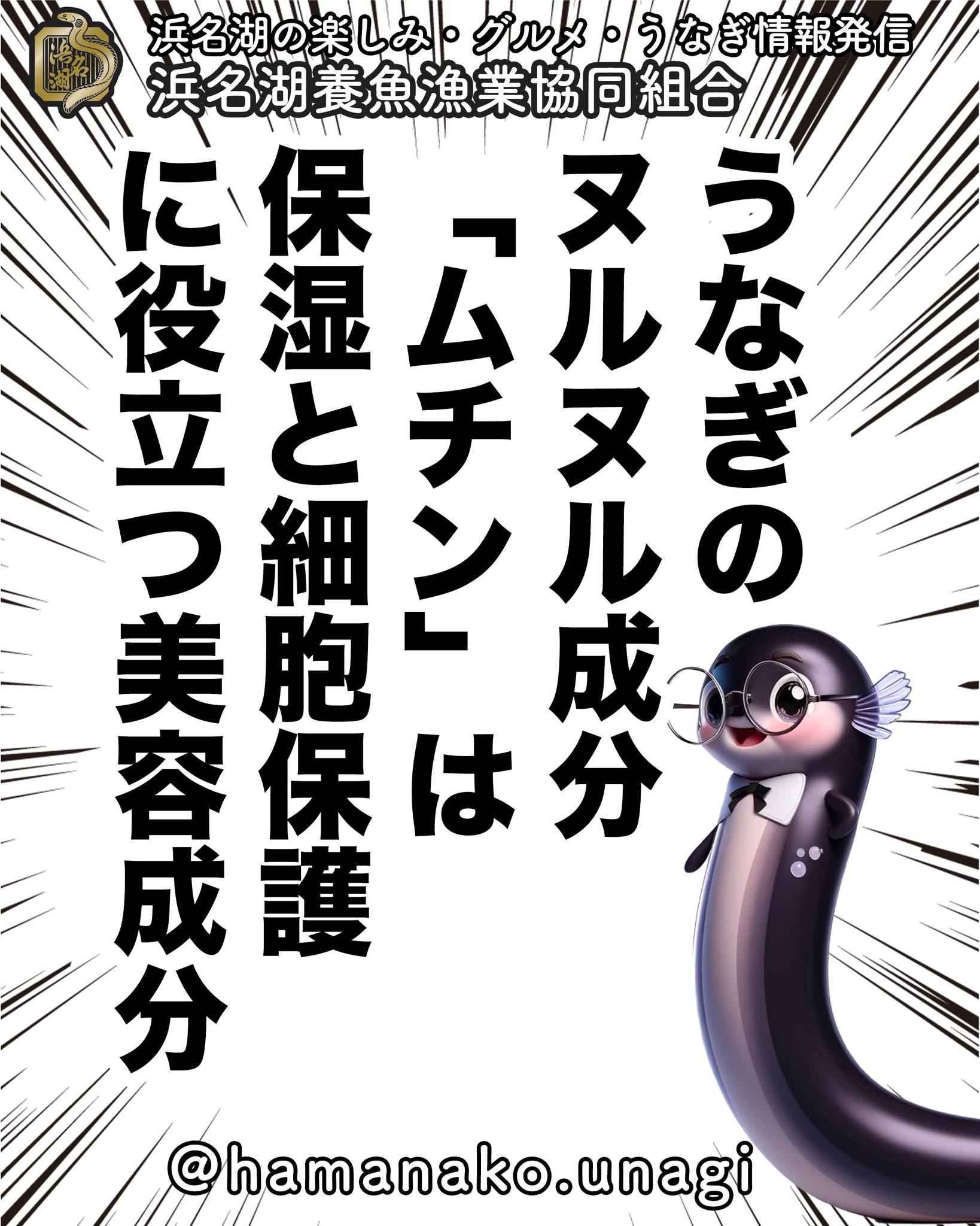うなぎのヌルヌル成分、
実は「ムチン」という
美容成分なんです。

ムチンは保湿や細胞保護に役立ち、
美容や健康にも嬉しい効果が
あると言われています。

美味しいだけでなく、
美容にも良いなんて嬉しいですよね。
ぜひ、この豆知識も覚えておいてくださいね。

~~~~~~~~~~~~~~⛩️~~~~
浜名湖を中心に、グルメ、文化
お店など浜名湖の観光情報を
みなさまにお届けしています。

参考になったら、
面白いなぁと感じたら

いいね！&フォローを
お願いいたします。

浜名湖養魚漁業組合
@hamanako.unagi

〜〜〜〜〜〜〜〜〜〜〜〜〜

#浜名湖養魚漁業協同組合 #浜名湖うなぎ #ムチン #美容成分 #保湿効果 #細胞保護 #美容グルメ #うなぎ豆知識 #うなぎ好きな人と繋がりたい #国産うなぎ #浜名湖グルメ #グルメ好きな人と繋がりたい #バズグルメ