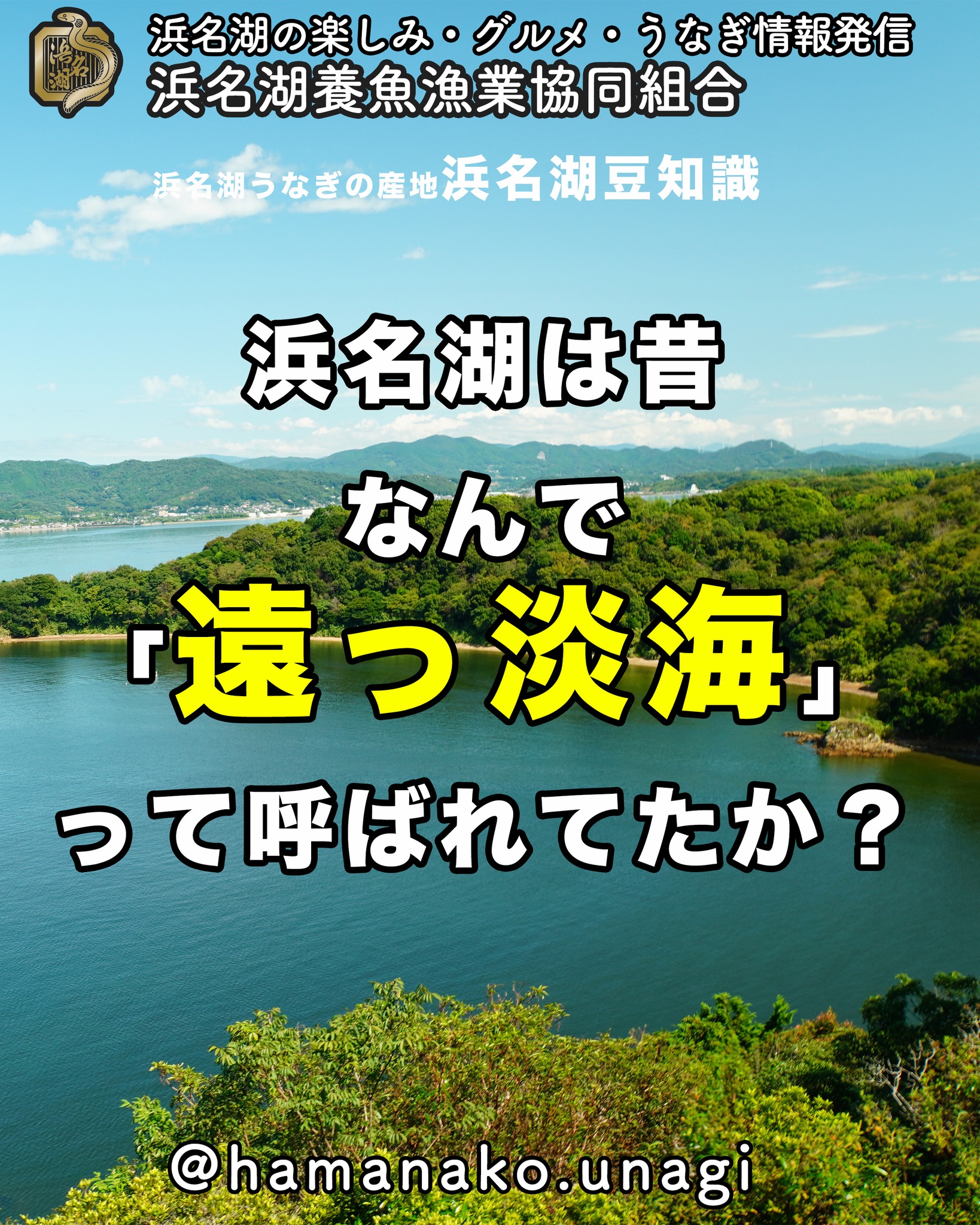 浜名湖は昔

「遠っ淡海」

って呼ばれていたんだって！

この理由、わかりますか？

実は、ちょっと前の投稿で
答えを出してしまったんだけどね

読んだ？

もし読んだとしても
思い出してみて〜

答えは、ぜひコメントに🤗

~~~~~~~~~~~~~~~⛩️~~~~
浜名湖を中心に、グルメ、文化
お店など浜名湖の観光情報を
みなさまにお届けしています。

参考になったら、
面白いなぁと感じたら

いいね！&フォローを
お願いいたします。

浜名湖養魚漁業組合
@hamanako.unagi

〜〜〜〜〜〜〜〜〜〜〜〜〜

#浜名湖養魚漁業組合
#浜名湖観光
#浜松観光
#浜名湖豆知識
#浜名湖の歴史