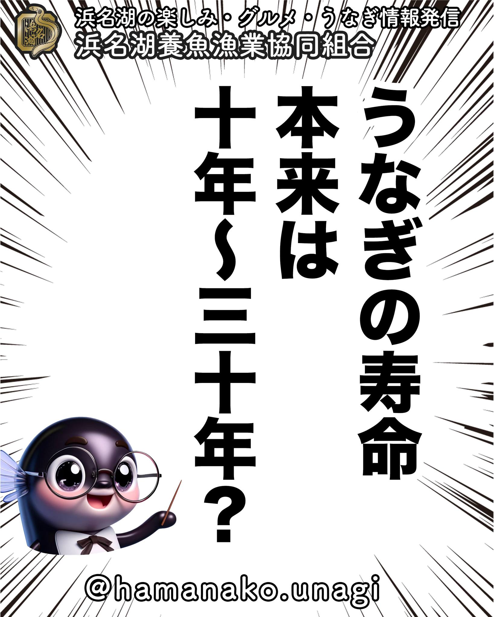 実は、うなぎの寿命は本来
10年～30年ほどもあるって
知っていましたか？

自然の環境ではとても長生きするうなぎ。
養殖うなぎが短期間で大きく育つのは、
実は特別な飼育環境のおかげなんです。

長生きの秘密や養殖技術など、
うなぎの面白い生態もぜひ覚えておいてくださいね！

この豆知識もぜひ周りの人に
教えてあげてください♪

~~~~~~~~~~~~~~⛩️~~~~
浜名湖を中心に、グルメ、文化
お店など浜名湖の観光情報を
みなさまにお届けしています。

参考になったら、
面白いなぁと感じたら

いいね！&フォローを
お願いいたします。

浜名湖養魚漁業組合
@hamanako.unagi

〜〜〜〜〜〜〜〜〜〜〜〜〜

#浜名湖養魚漁業協同組合 #浜名湖うなぎ #うなぎの寿命 #うなぎの生態 #長生きうなぎ #うなぎ豆知識 #うなぎ雑学 #うなぎ好きな人と繋がりたい #国産うなぎ #浜名湖グルメ #グルメ好きな人と繋がりたい #バズグルメ