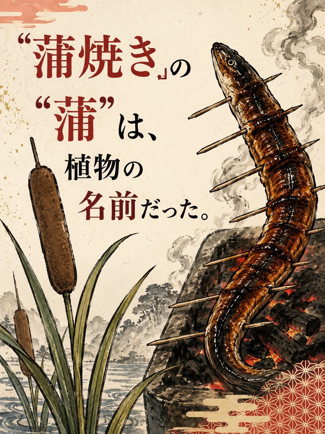 「蒲焼き」の“蒲”は、
植物の名前だった。
昔はうなぎを
ぶつ切りで串に刺して
焼いていた。
その姿が
植物「蒲(ガマ)の穂」に
そっくりだったから。
諸説あるなかの、
最有力の説です。
保存して、へぇをストック。
気に入ったら @hamanako.unagi をフォロー。